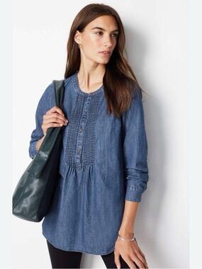 J.Jill Denim Blue Pintuck Tunic Top